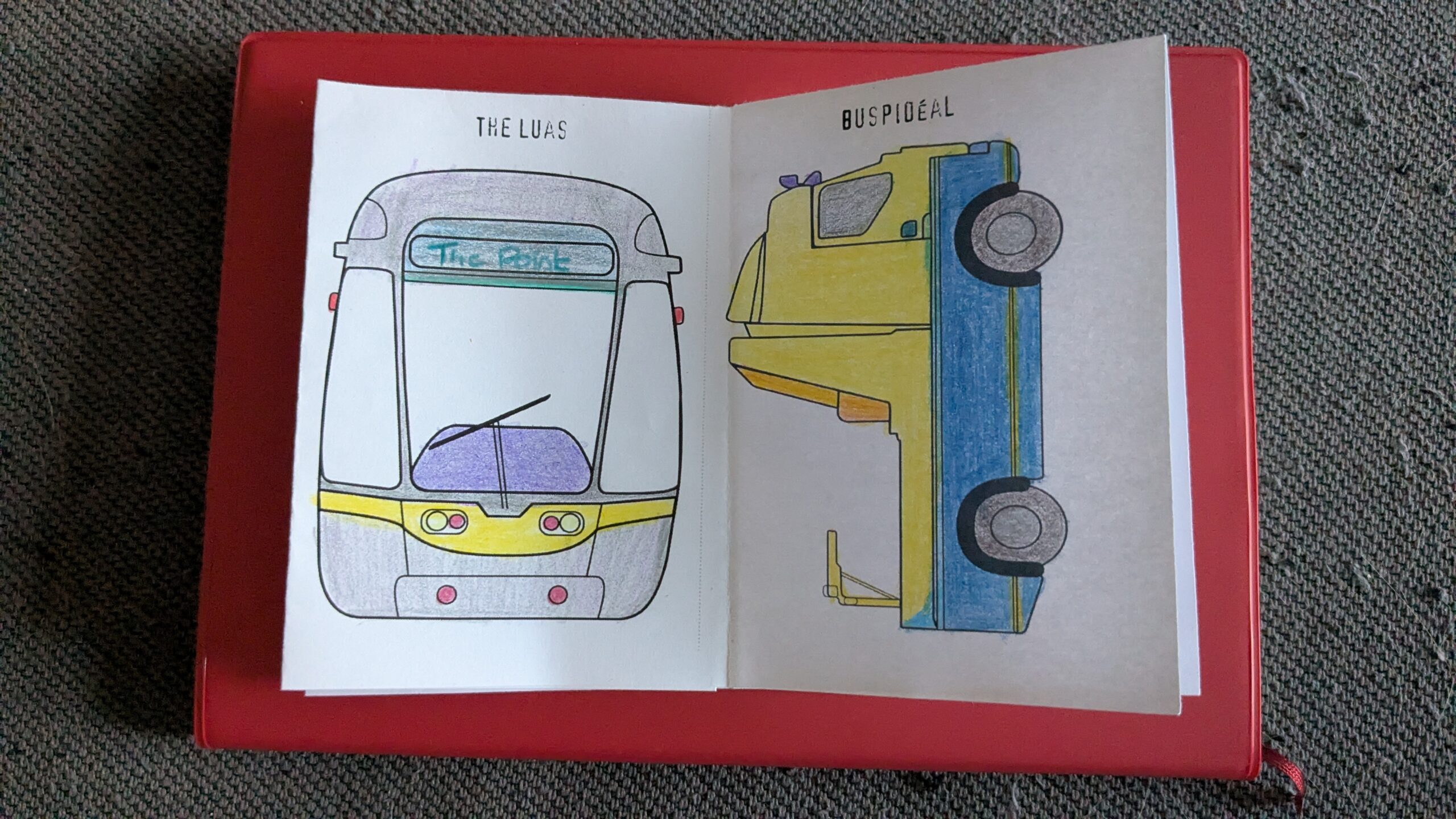Irish Transport Icons printable colouring zine – A4 PDF featuring Irish bus, train and tram illustrations – prebookedseat.ie