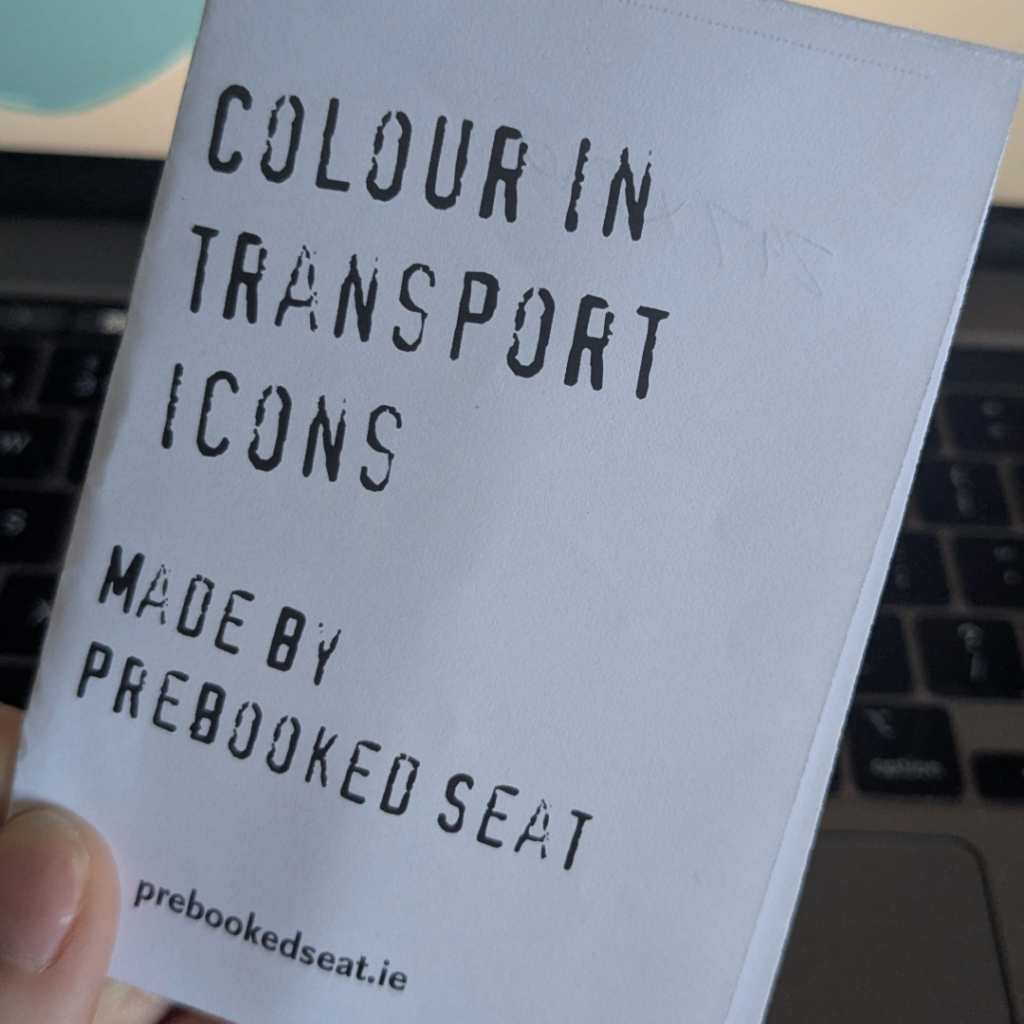 Irish Transport Icons printable colouring zine – A4 PDF featuring Irish bus, train and tram illustrations – prebookedseat.ie